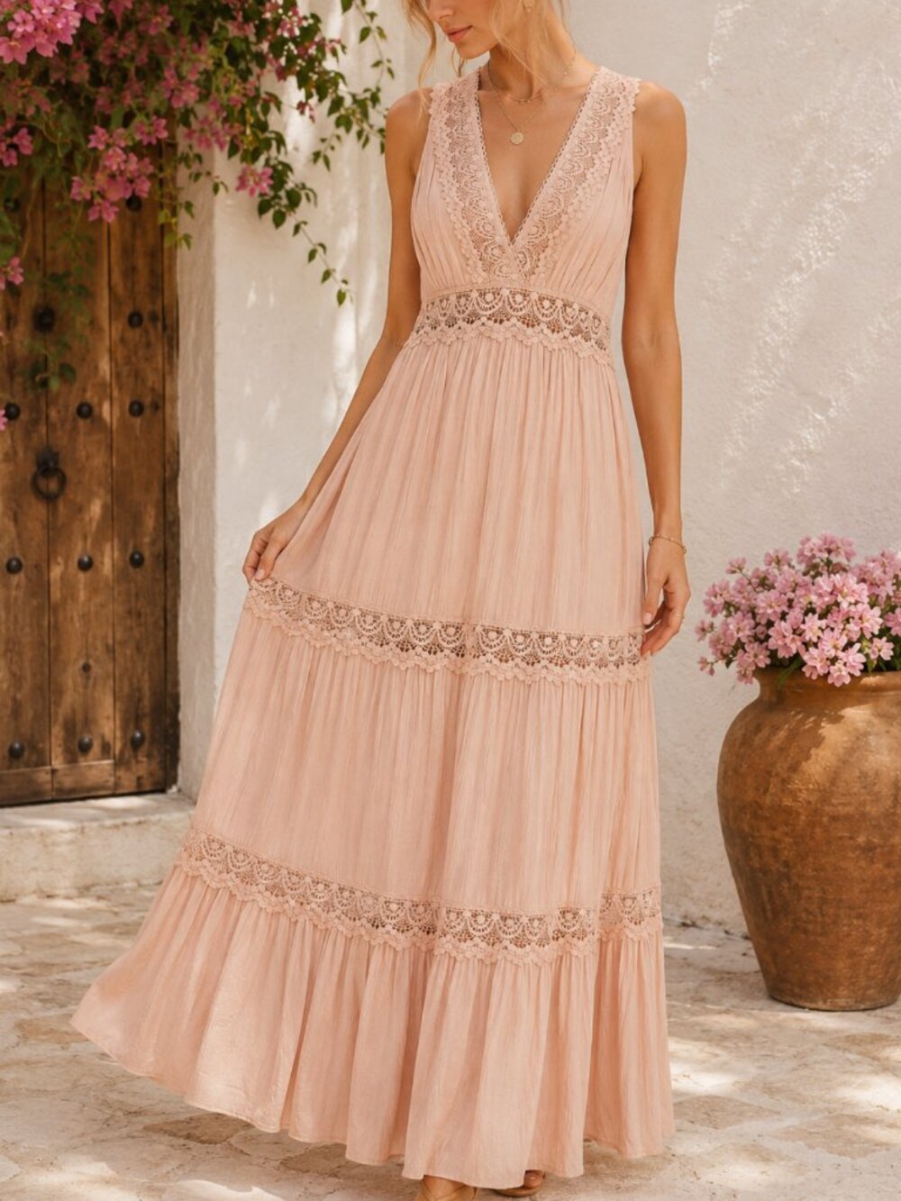 Blush Pink Lace Tiered Maxi Dress S Coquette Romantic Prairie Fairycore NWOT
